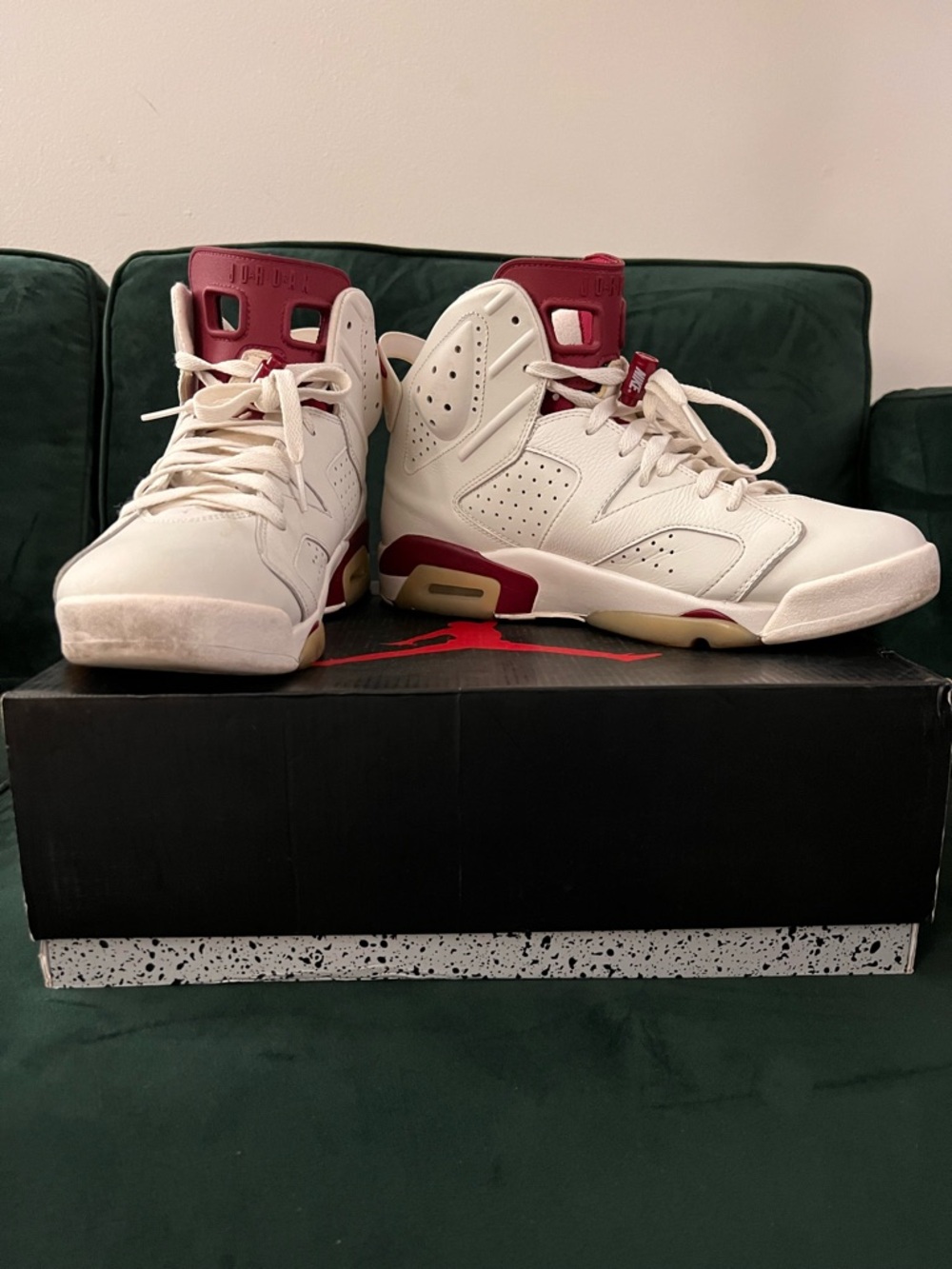 Jordan Off-White and Maroon Retro 6 Sneakers